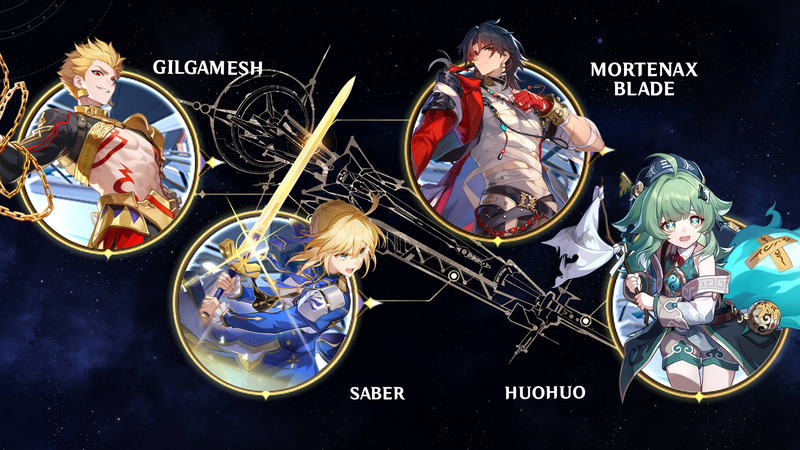 Saber, Mortenax Blade, Huohuo, and Gilgamesh team composition