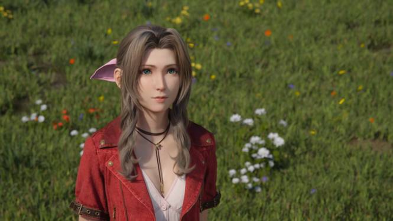 Aerith from Final Fantasy 7 in a field of flowers