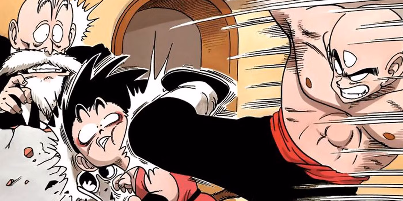 Goku and Tenshinhan in a Dragon Ball manga battle scene