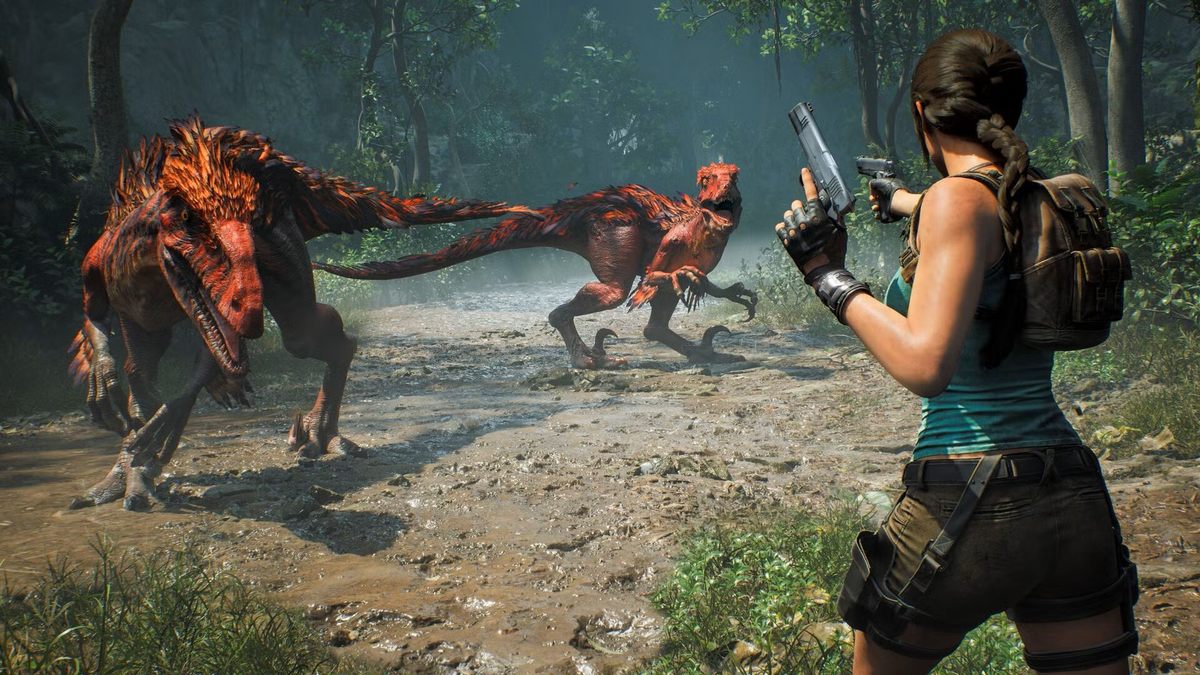 Tomb Raider: Legacy of Atlantis artwork featuring dinosaurs