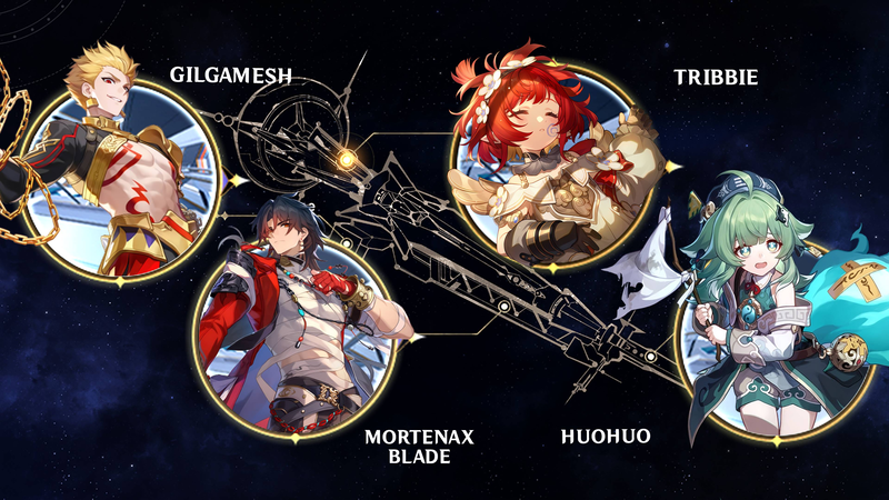 Gilgamesh, Mortenax Blade, Tribbie, and Huohuo team composition