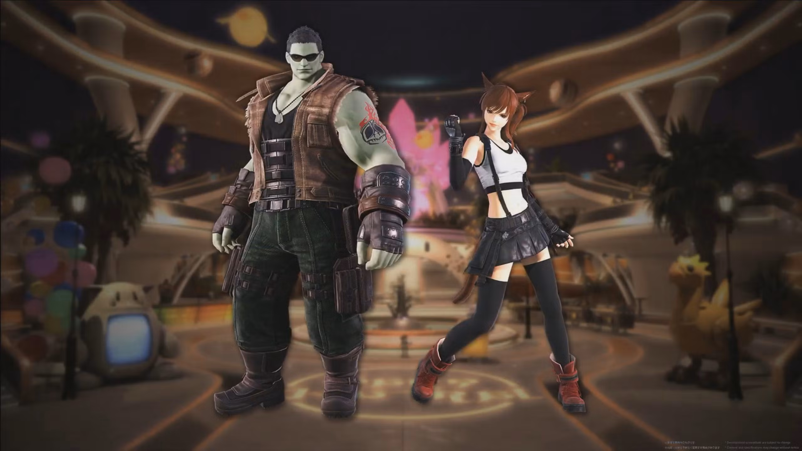 Final Fantasy 14 Evercold raid and Gold Saucer content featuring Barret and Tifa glamor outfits.