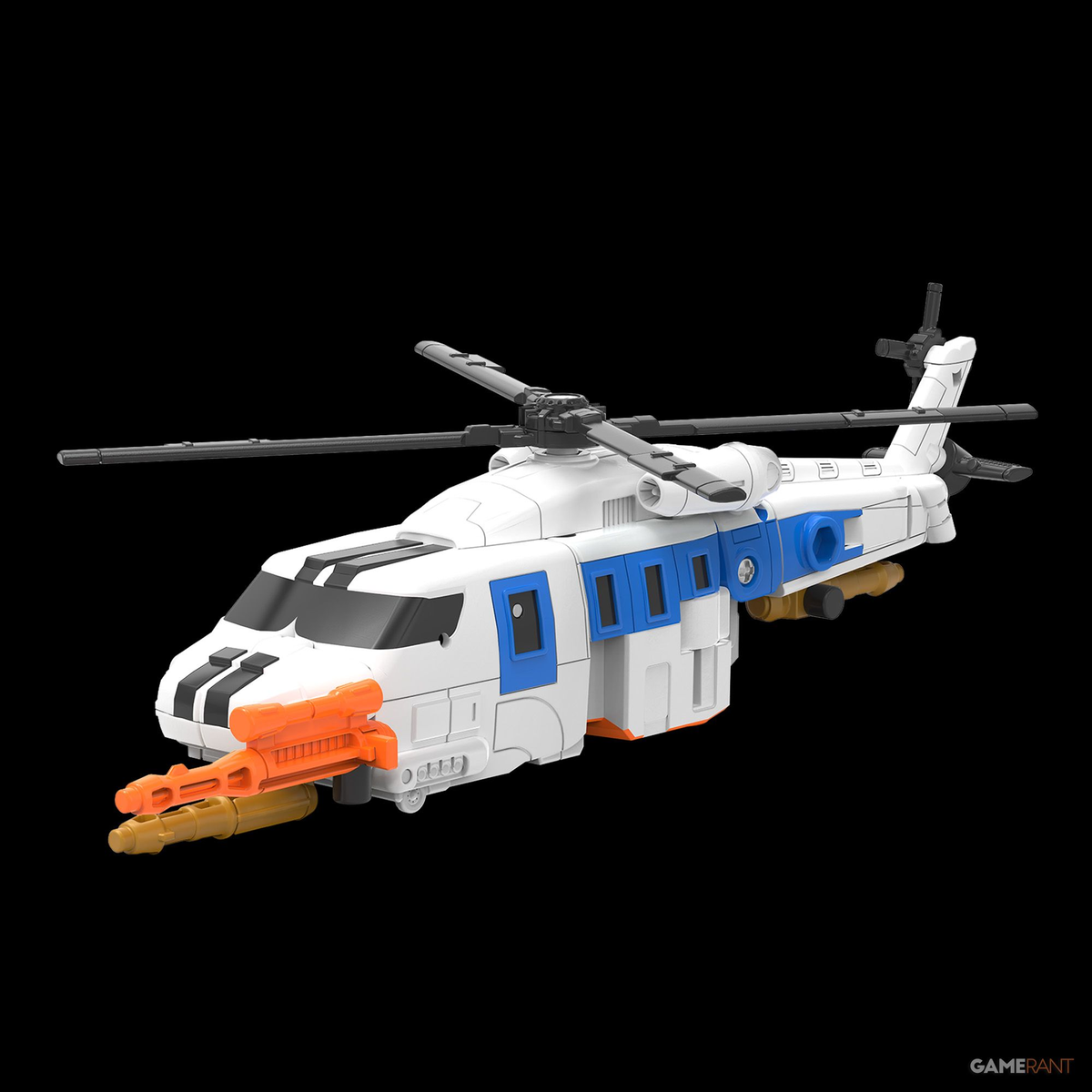 Alpha Bravo figure in both helicopter and robot modes showing white blue orange color scheme