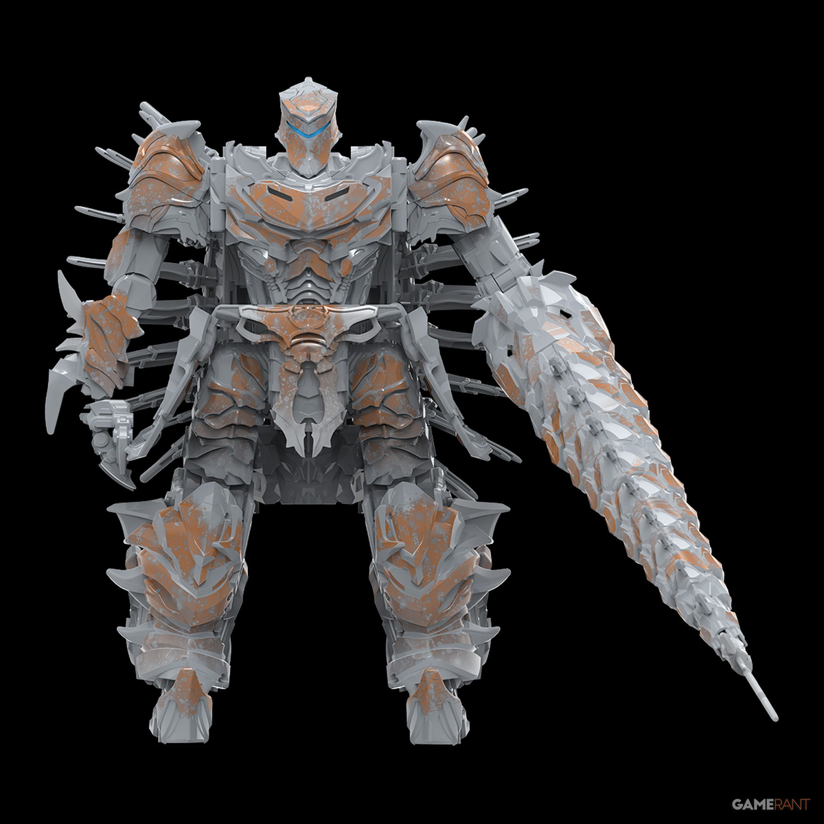 Dinobot Scorn Titan Class figure in dinosaur mode showing gray armor orange detailing and Spinosaurus spines