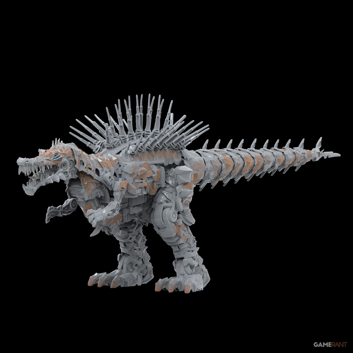 Dinobot Scorn in robot mode showing asymmetrical design with tail arm appendage and dorsal spines