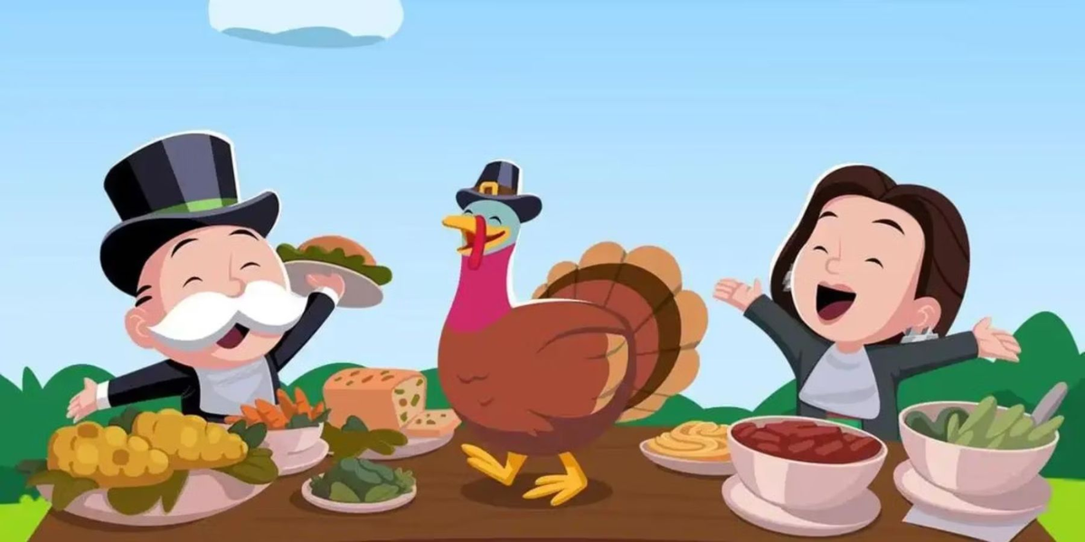 Monopoly GO characters with a turkey