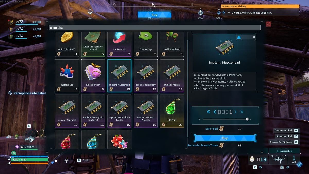Bounty Officer shop interface showing implant options